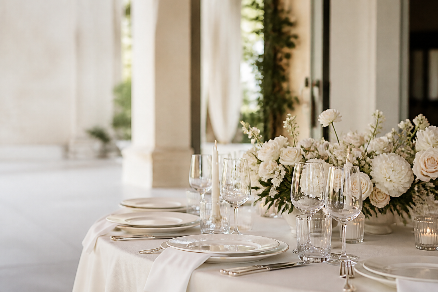 Elegant ivory wedding table set with JOY tableware